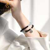 优格丽天然巴西黑曜石海蓝宝手串五路财神转运中式女士双层手链补水饰品 珠子8mm