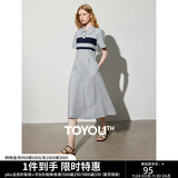 初语撞色条纹短袖polo裙女2024夏季新款复古减龄宽松连衣裙长裙 花灰色 M