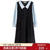 独束大码女装假两件撞色衬衫领连衣裙女秋冬微胖mm文艺复古穿搭裙子 墨染黑【适合160左右】 L