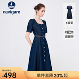 Navigare意大利小帆船短袖连衣裙女士夏季百搭A字裙时尚显瘦复古牛仔长裙 海军蓝 XL 码