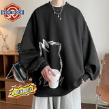 NEW OR MODE美式高街卫衣男重磅春秋季圆领潮牌oversize无帽上衣慵懒宽松外套 黑色加绒 XL