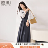 香影法式娃娃领收腰连衣裙女2025秋装新款灰色通勤假两件长袖裙子 中灰 M 160/84A/95-110斤