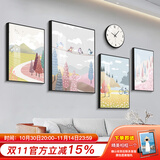 好久不见客厅装饰画现代简约沙发背景墙壁画轻奢大气四联组合挂画 四季牧歌(含挂钟) 小组合(建议2-2.5米墙)PS黑框