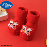 迪士尼（Disney）新生婴儿学步鞋袜宝宝地板袜软底秋冬加厚防滑新年百日大红色袜子 大红醒狮(毛圈加厚) 1双 均码 内长11cm(一般0-6个月)