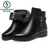 啄木鸟妈妈棉鞋女冬加绒真皮女靴女士短靴软底防滑绒毛皮鞋中老年女鞋 黑色黑绒 38