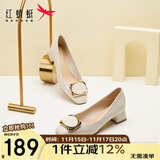 红蜻蜓秋冬女士粗跟小香风皮鞋职业通勤妈妈鞋高跟鞋WFB31540 米白色 36