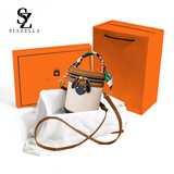 SiaZella水桶包包女新款时尚撞色圆筒包手提斜挎迷你单肩包生日礼物送女友 米白【礼盒装】