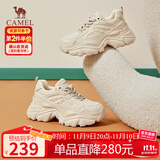 骆驼（CAMEL）老爹鞋女网布皮面拼接秋双系带厚底休闲鞋 L24S283079 杏色 37