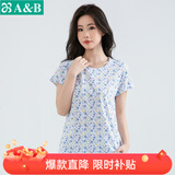 AB母亲节纯棉女中老年夏薄款家居服妈妈上衣宽松大码印花短袖汗衫 蓝雅【上衣】 3XL