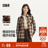 森马（Semir）长袖衬衫女中长款慵懒宽松落肩秋季chic复古格纹衬衣101524105004