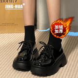 靖话黑色粗跟小皮鞋女2025秋冬季新款日系jk制服配裙子单鞋百搭乐福鞋 黑色亮光【加绒加厚】 36 (230mm)
