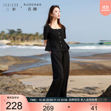 三彩大码女装2025夏季新款仿麻上衣长裤两件套装休闲方领通勤胖MM