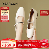 意尔康女鞋玛丽珍羊皮复古小皮鞋春秋平底法式单鞋 27146W 米白色 37