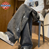 NEW OR MODE美式复古星星刺绣牛仔裤男士春秋季新款hiphop宽松直筒裤子男潮牌 黑色 2XL