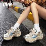 OGR【杨紫同款】响尾蛇慢跑老爹鞋男女复古厚底增高网面透气运动鞋子 浅棕色 37