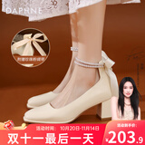 达芙妮高跟鞋女单鞋2025春季法式玛丽珍鞋蝴蝶结淑女小皮鞋粗跟女鞋婚鞋 珍珠米白【蝴蝶结】跟高 5.5cm 36