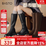 百思图【赵粤明星同款】都市朋克24冬商场骑士女长靴M5603DG4 黑色 38
