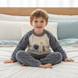 小猪大卫 PECODAVID珊瑚绒套装秋冬儿童室内居家服男女可爱分体套装毛毛款 灰蓝宇航员 100 版型宽松，按正常尺码拍