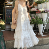 小野七天仙女白色连衣裙海边度假沙滩裙高级感遮肚子减龄吊带长裙夏季 白色蕾丝吊带裙 L