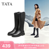 他她（TATA）黑色V口长筒靴女英伦加绒抗寒高筒靴骑士靴冬季G5JA1DG2 黑色（单里） 37