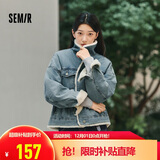 森马（Semir）牛仔外套女拼接仿兔毛翻领宽松港风冬季落肩夹棉夹克103724108001