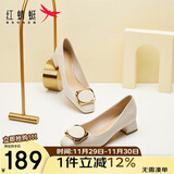 红蜻蜓秋冬女士粗跟小香风皮鞋职业通勤妈妈鞋高跟鞋WFB31540 米白色 37