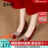 ZHR单鞋女中式绒面秀禾婚鞋气质新娘鞋子女尖头粗跟女鞋K312红色36