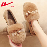 回力女鞋豆豆鞋女秋冬季毛毛鞋女保暖鞋加绒棉拖鞋一脚蹬休闲鞋子女 棕色 39
