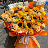 馨仪鲜花速递向日葵玫瑰混搭花束生日礼物送长辈朋友全国同城配送 9朵向日葵香槟玫瑰黄玫瑰混搭花束