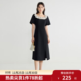 独束大码女装优雅蕾丝花边领小黑裙夏装赫本风高腰A字中长款裙子 赫本黑-长款 XL (尺码：3)