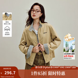 茵曼（INMAN）茵曼2025冬季女装新款撞色格纹立领纯棉刺绣外套复古夹克上衣 卡其色 XL
