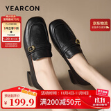 意尔康女鞋中粗跟方头乐福鞋复古英伦风通勤单鞋女 13380W黑色 37