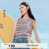 伊芙丽圆领彩色条纹间色镂空针织背心女春秋装新款内搭休闲毛衫 粉色 M 160/85CM