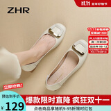 ZHR浅口单鞋女春秋粗跟通勤女鞋优雅方扣真牛皮船鞋女 AH378 米色 38