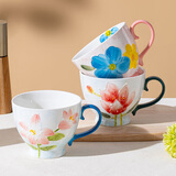 传旗陶瓷早餐杯 手绘浮雕马克杯 咖啡杯水杯子 粉兰清韵 400ml