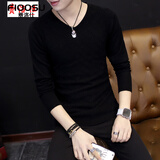 费洛仕春秋季新款男士V领薄款针织衫韩版潮修身长袖打底衫毛衣男秋衣 黑色 XL