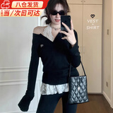 鹿珊伍挂脖吊带背心女春秋蕾丝内搭辣妹性感露肩v领刺绣长袖T恤叠穿上衣 刺绣长袖上衣【2件套】 L 【建议110斤内】