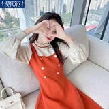 莫代尔法式针织连衣裙女2025秋冬新款收腰显瘦小个子假两件中长款毛衣裙 橘红色 XL 115-125斤