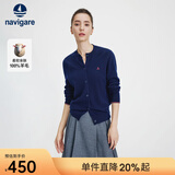 Navigare意大利小帆船毛衣外套女士秋冬款纯羊毛圆领羊毛衫气质针织开衫 藏青 XL
