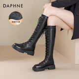 达芙妮官方长筒靴女靴秋冬2025新款骑士靴女弹力高筒靴显瘦百搭长靴女 黑色【升级加绒款】 39