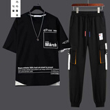 写璇 男装夏季短袖t恤套装男长裤中袖一套衣服 男生夏天春夏日韩版潮流学生夏装男士青少年半袖整套运动装 D05黑色短袖套装 XL（115-130斤）