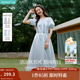 茵曼法式度假风背心连衣裙女2025年夏季新品欧若风蓝色无袖长裙子 浅蓝色-W18528158 L