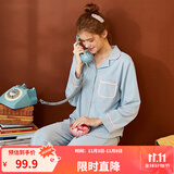 芬腾 睡衣女纯棉学生季简约纯色长袖长裤翻领全棉开衫家居服套装 浅兰 S