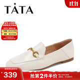 他她（TATA）方头乐福鞋女休闲平底一脚蹬小皮鞋女单鞋春秋款FLC22AM4 米色 40
