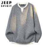 JEEP SPIRIT吉普假两件毛衣男秋冬季潮流亨利领针织衫男装 精纺灰 XL