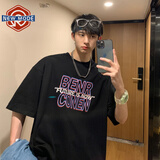 NEW OR MODE印花短袖T恤男夏季ins潮牌宽松圆领t恤休闲情侣体恤学生潮五分袖 黑色 L