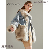 丽纱蓓儿狐狸毛牛仔皮草外套女薇薇卡冬季拼接保暖皮毛一体廓形服 蓝色羽绒内胆 均码