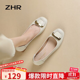 ZHR浅口单鞋女春秋粗跟通勤女鞋优雅方扣真牛皮船鞋女 AH378 米色 38
