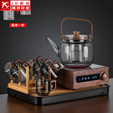 正扬胡桃木电陶炉煮茶炉高档北美玻璃茶具煮茶壶养生烧水壶泡茶器 胡举物如意提六木语+架长琴黑
