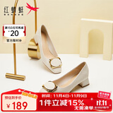 红蜻蜓秋冬女士粗跟小香风皮鞋职业通勤妈妈鞋高跟鞋WFB31540 米白色 35